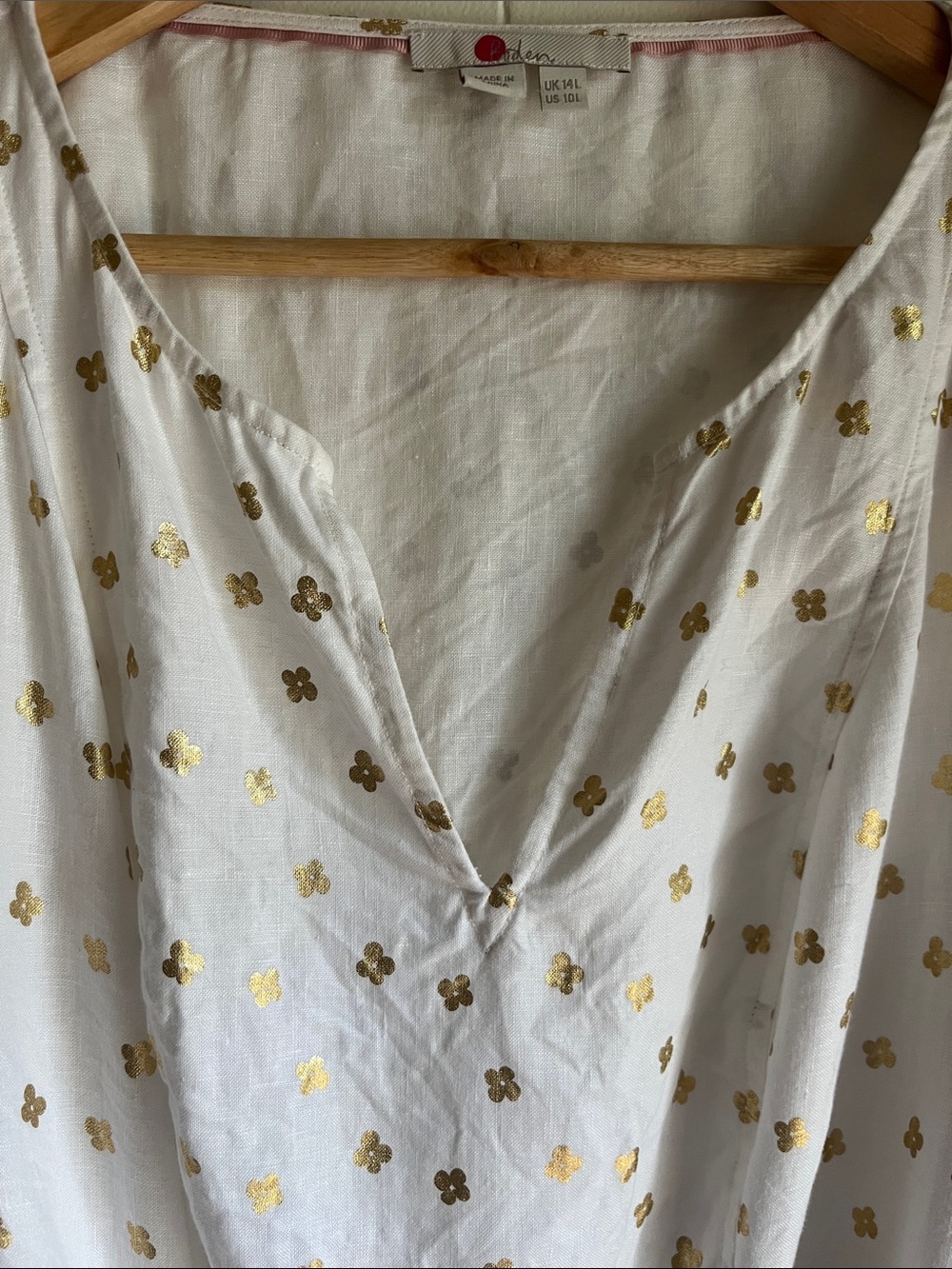 Boden Kelsey White Linen Midi Dress with Gold Floral Motif Beach Preppy Sz 10L - Picture 11 of 16